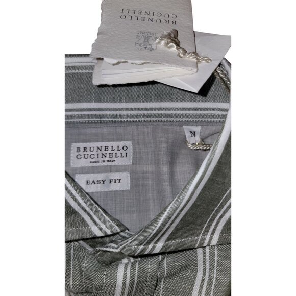 Brunello Cucinelli Men’s Linen Button-Down Shirt Gray White Stripe – Medium - Picture 10 of 11